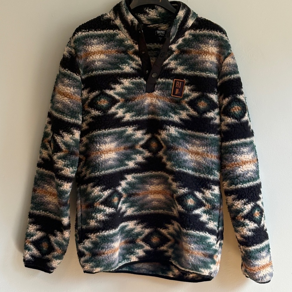 Riley Collective Men's Zip-Neck Sherpa Pullover - Black & Green Aztec